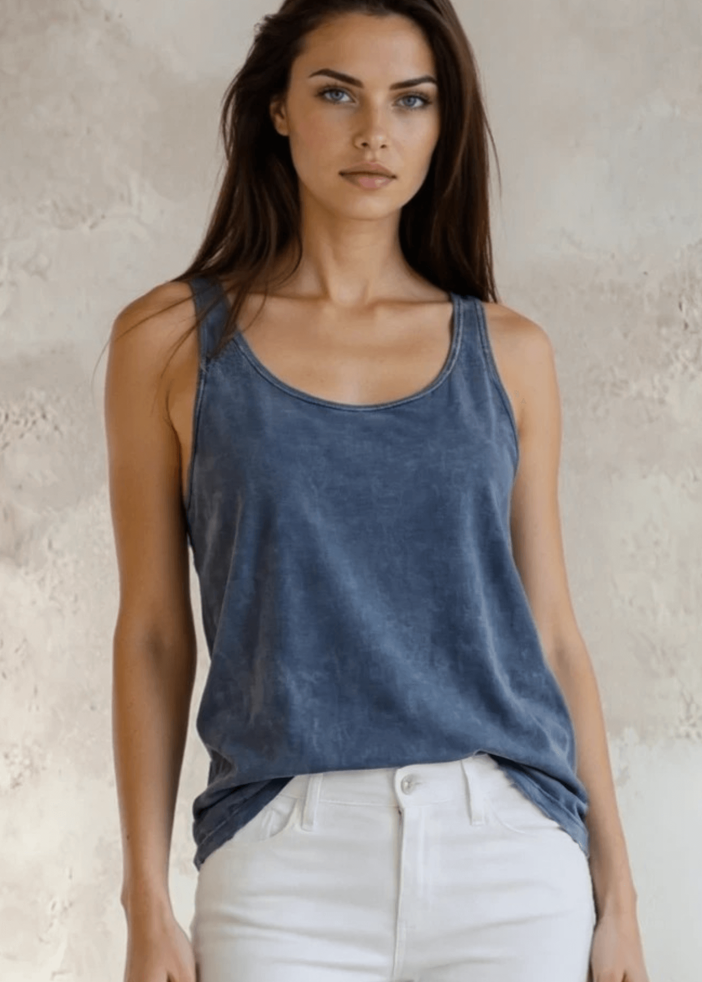 Classy Cozy Cool Sleeveless Tops and Tanks Tampa Bay Top Layer Tank Top in Dark Blue Grey Denim