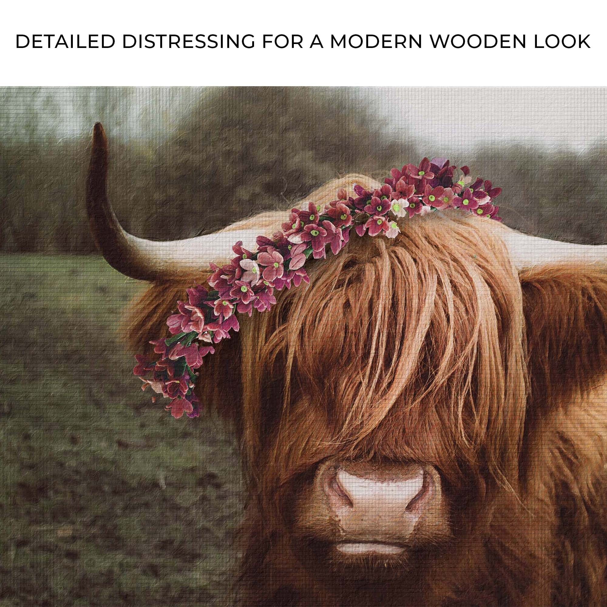Tailored Canvases Canvas Retro Floral Crown Highland Cow Canvas Wall Art