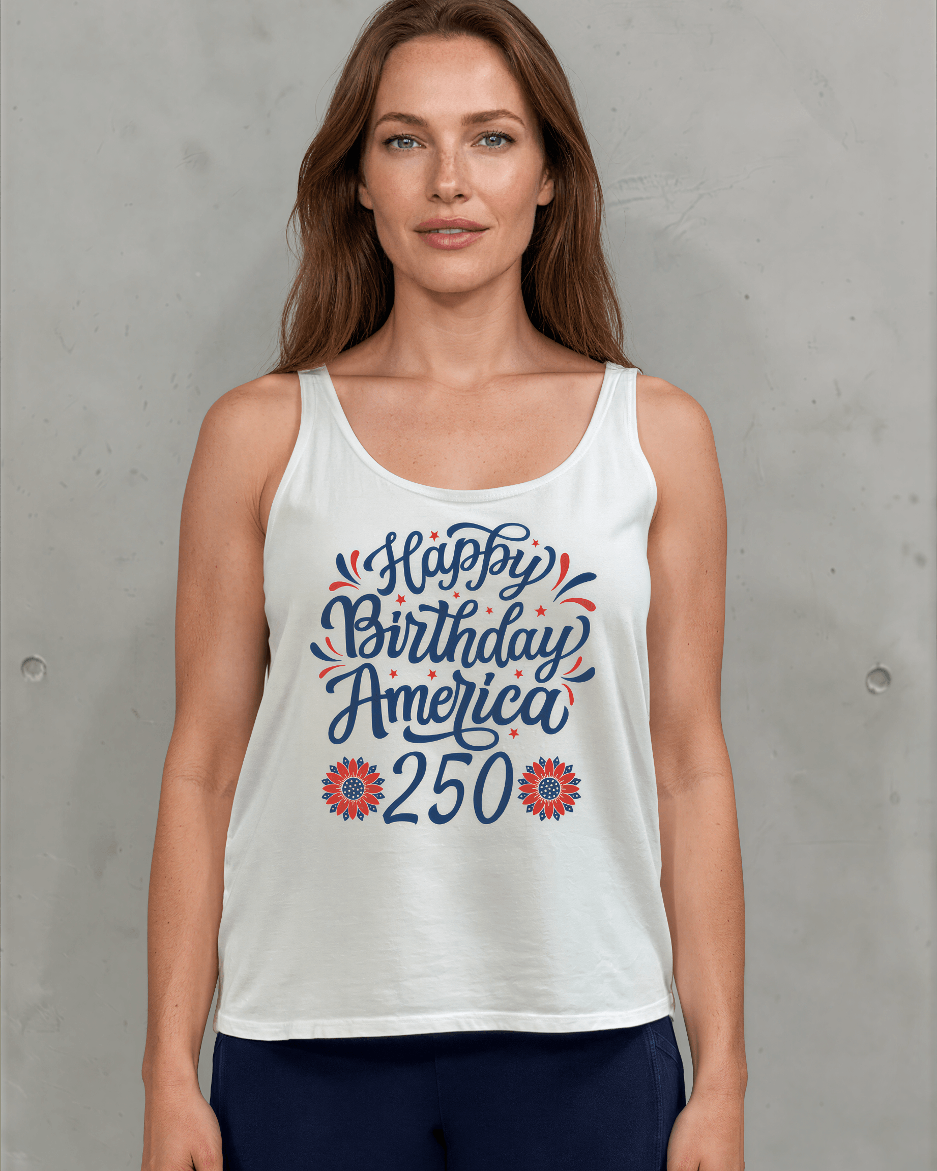 Crazy Cozy Cool Sleeveless Tops and Tanks Happy Birthday America 250 Graphic Tank with Flower Detail