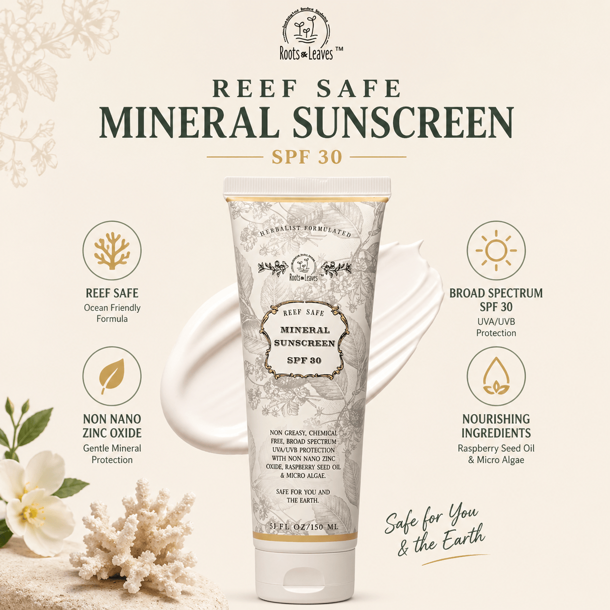 Roots and Leaves, LLC Reef Safe Vegan Mineral Face and Body Sunscreen with Tremella Mushroom