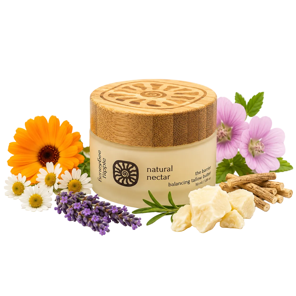 Cosmetic jar with wooden lid surrounded by flowers and herbs on a white background