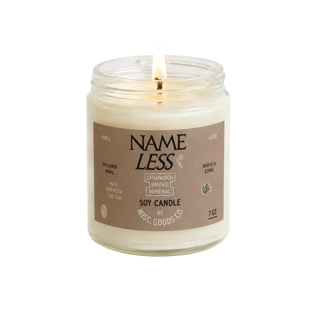 Candle in a glass jar with a label on a white background