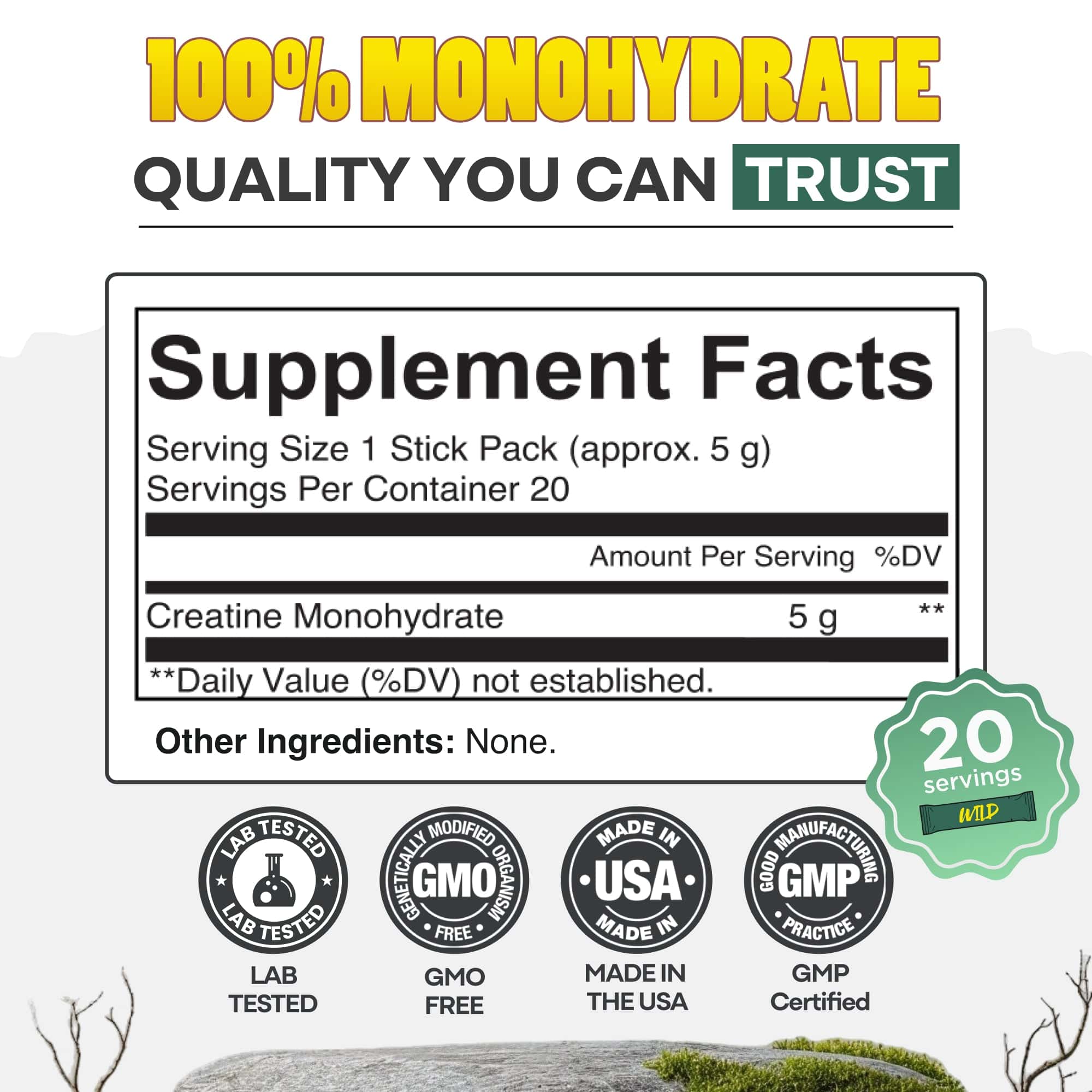 Wild Foods Mushrooms NEW! Wild Creatine Monohydrate, 20 Servings – 100% Pure