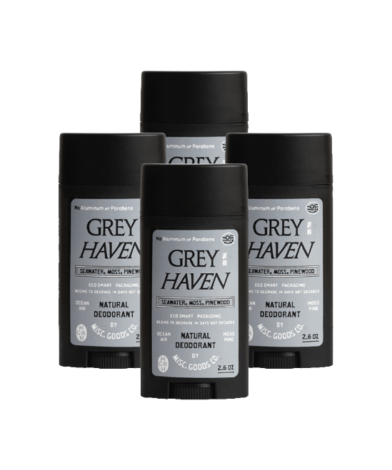 Three bottles of Grey Haven natural deodorant on a white background