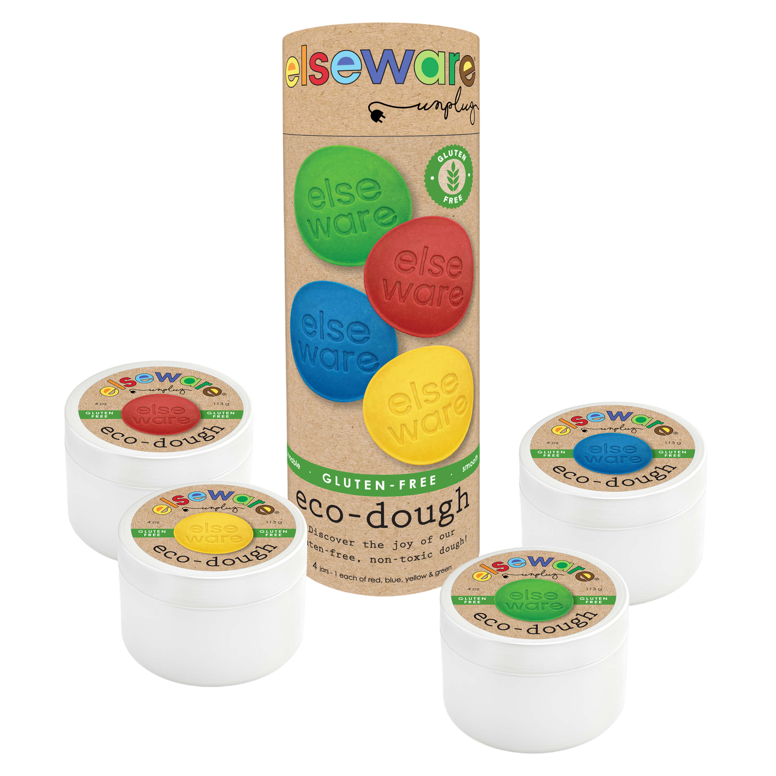 Set of eco-dough containers with colorful labels and a cardboard tube packaging on a white background.