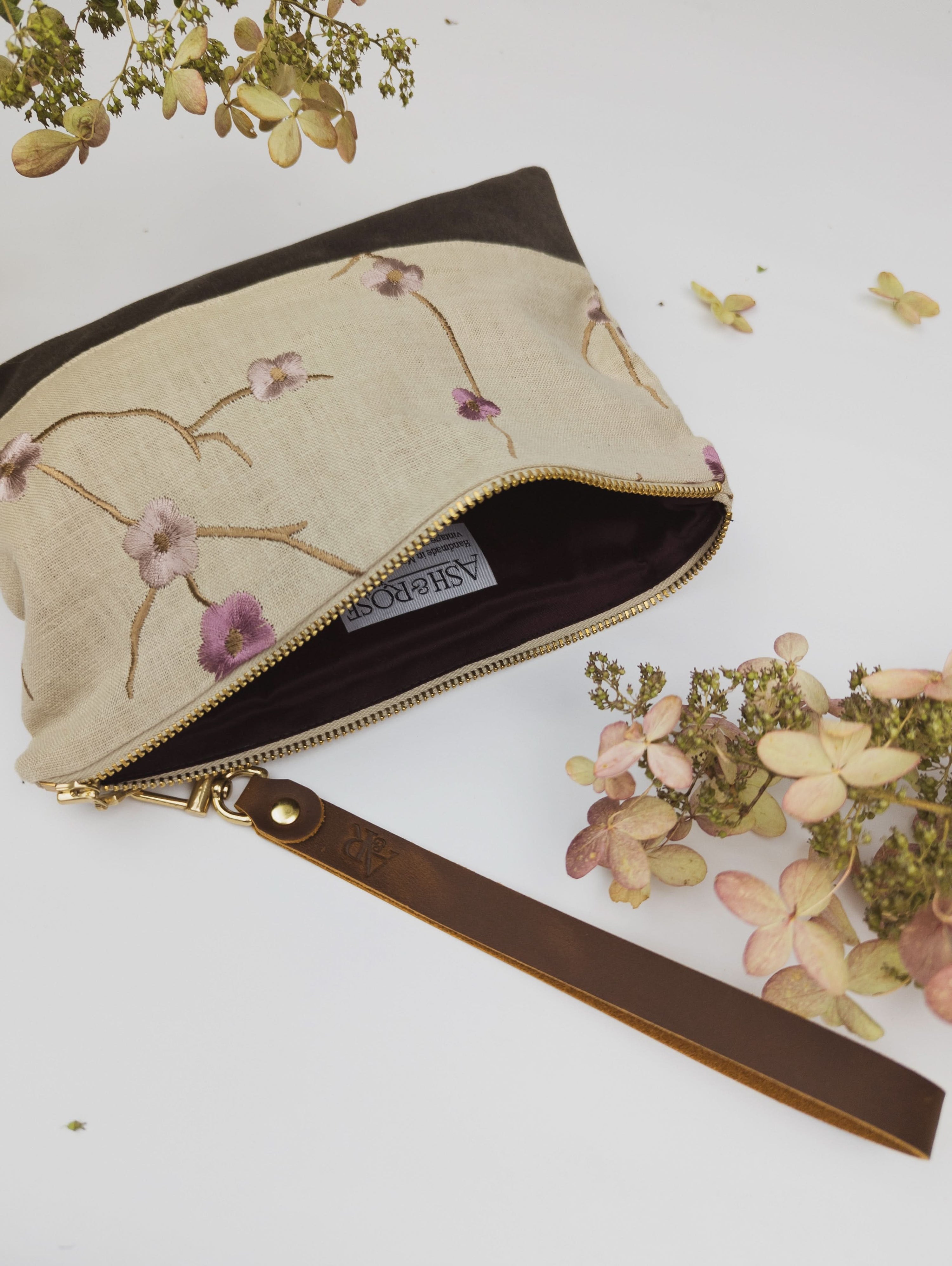 Ash & Rose Wristlet Alice Embroidered Linen Wristlet