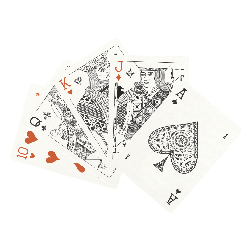 Black and white playing cards with red accents on a white background