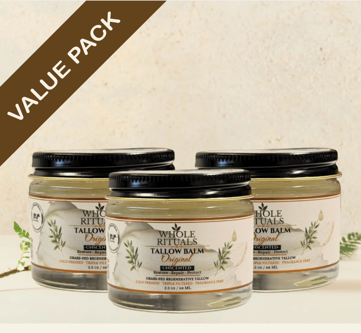 Whole Rituals Face Moisturizer 2.3 oz / 68ML / 3 Pack - Save 15% Grass-Fed Tallow Balm — Original