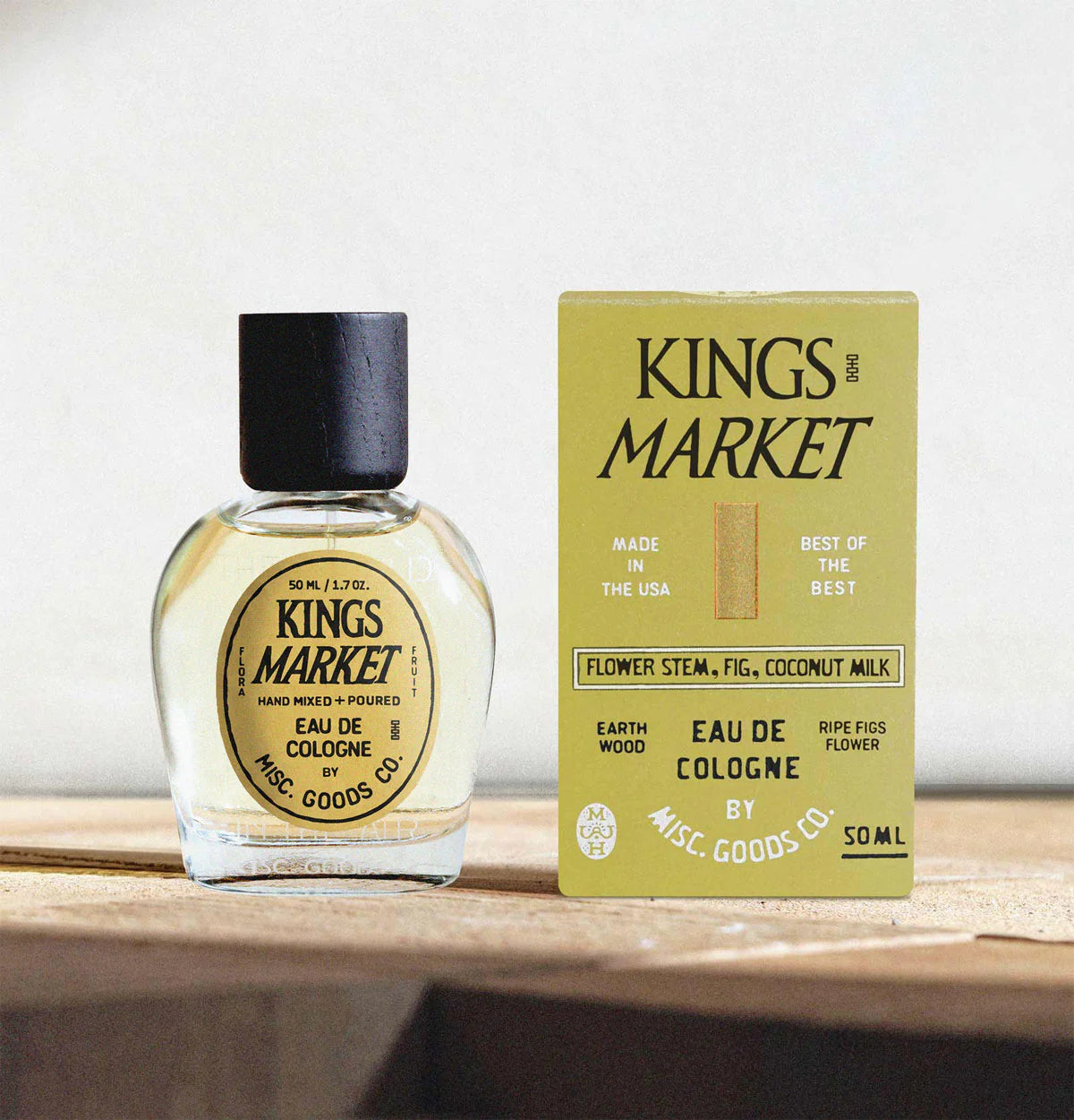 Kings Market cologne bottle and packaging on a wooden surface with a light background