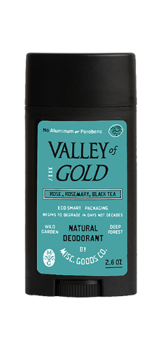 Valley of Gold natural deodorant stick with teal label and black cap