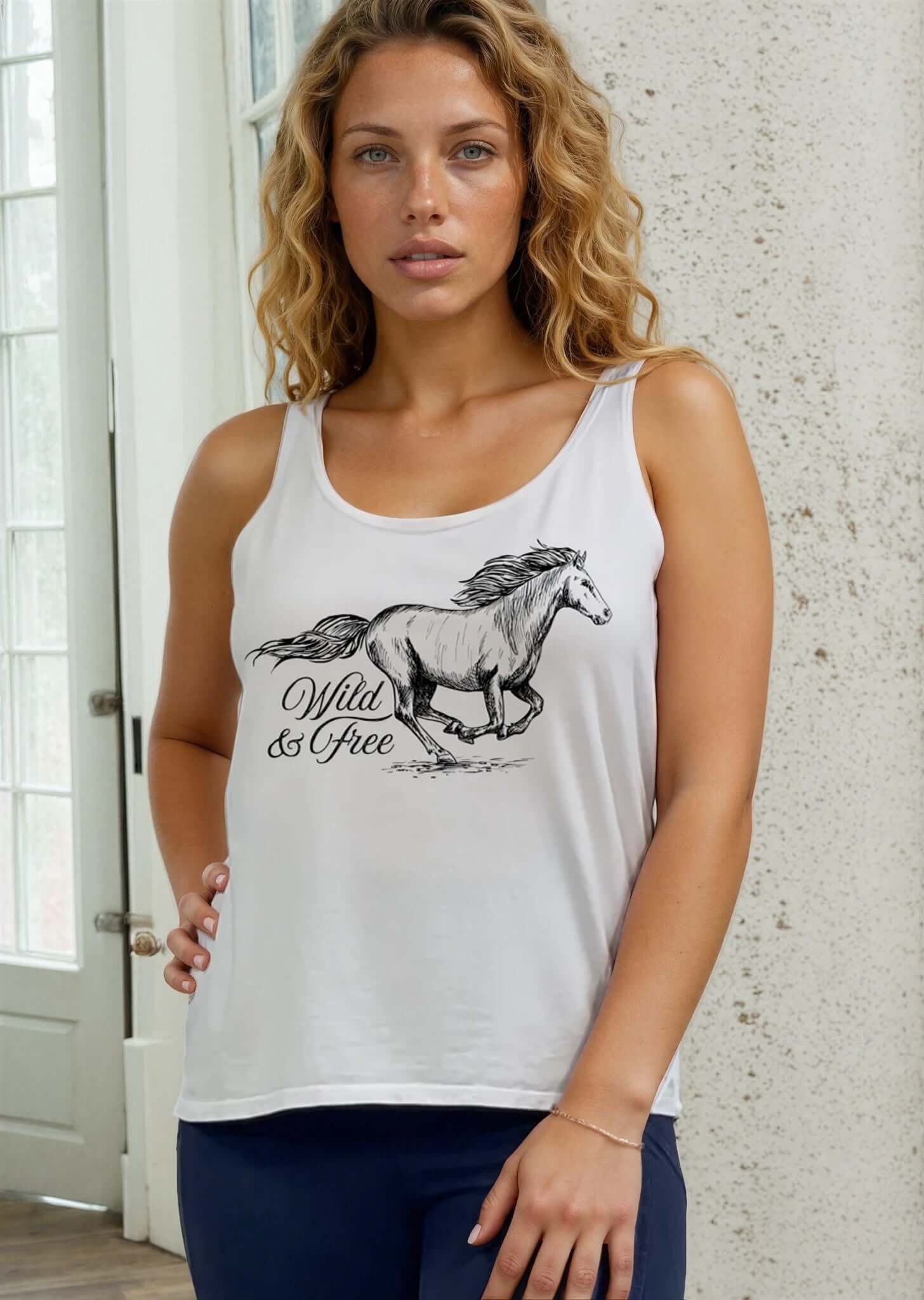 Classy Cozy Cool Sleeveless Tops and Tanks White / WILD & FREE HORSE GRAPHIC / Small Wild and Free Horse Graphic Premium USA Cotton Tank Top