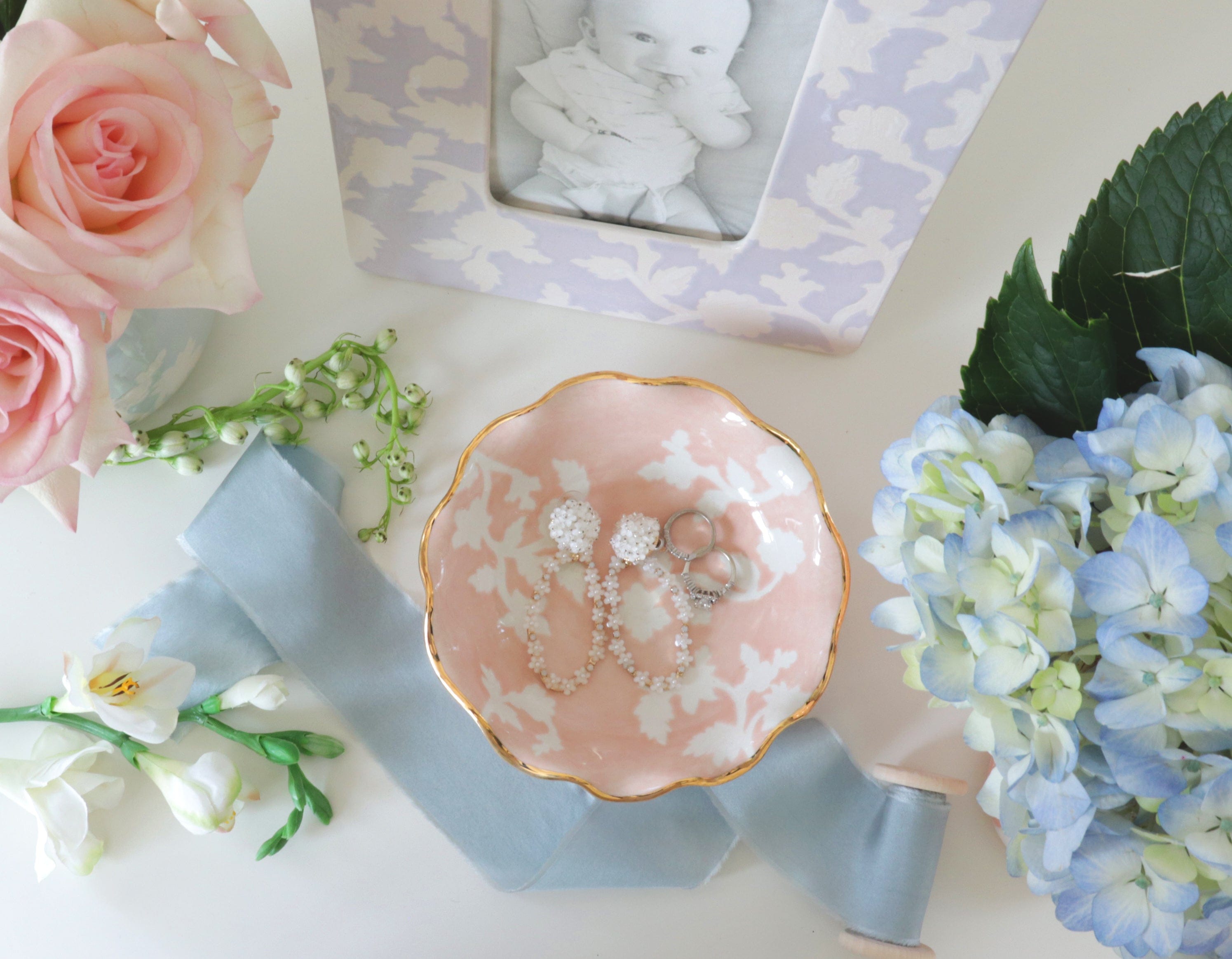 Ruby Clay Company Tray Chinoiserie Dreams Scalloped Bowls with 22K Gold Accent