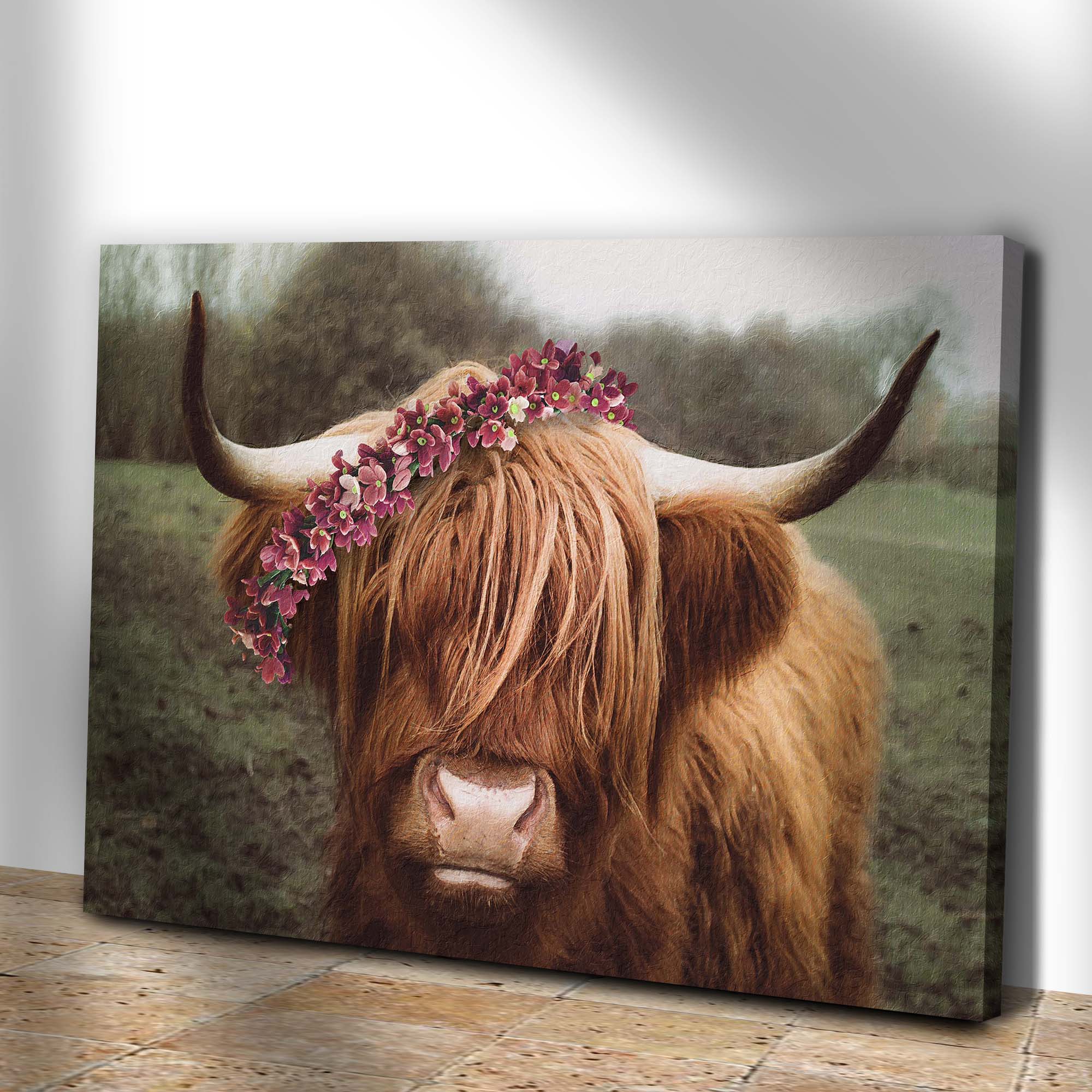 Tailored Canvases Canvas Retro Floral Crown Highland Cow Canvas Wall Art