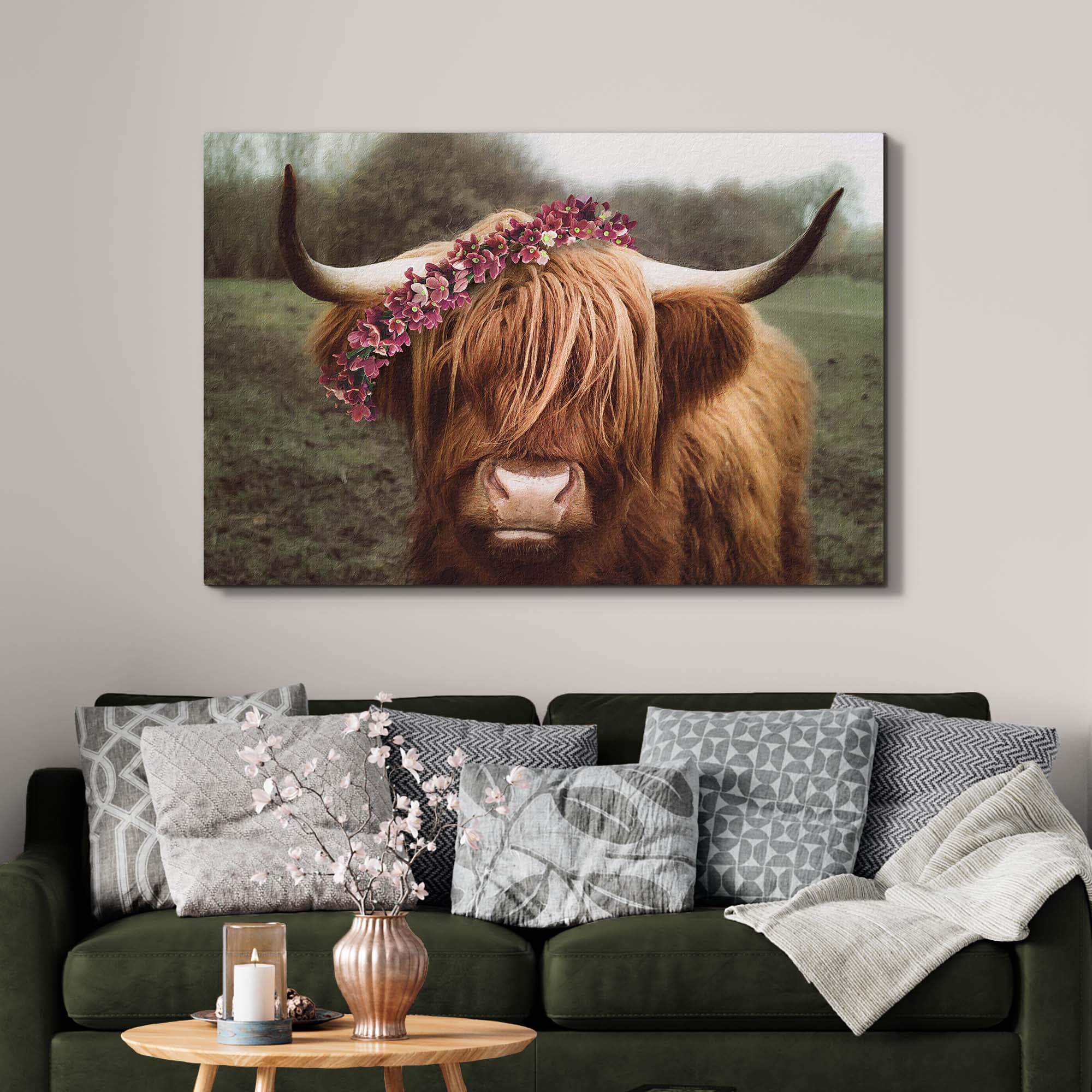 Tailored Canvases Canvas Retro Floral Crown Highland Cow Canvas Wall Art