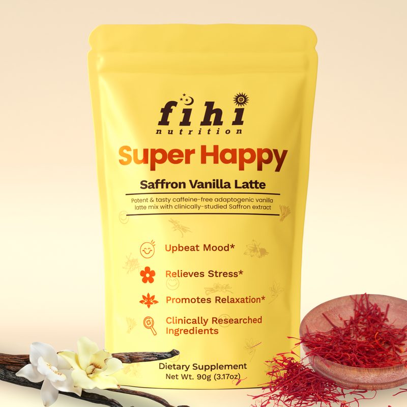 Yellow package of fihi nutrition Super Happy Saffron Vanilla Latte on a beige background with saffron and vanilla beans.