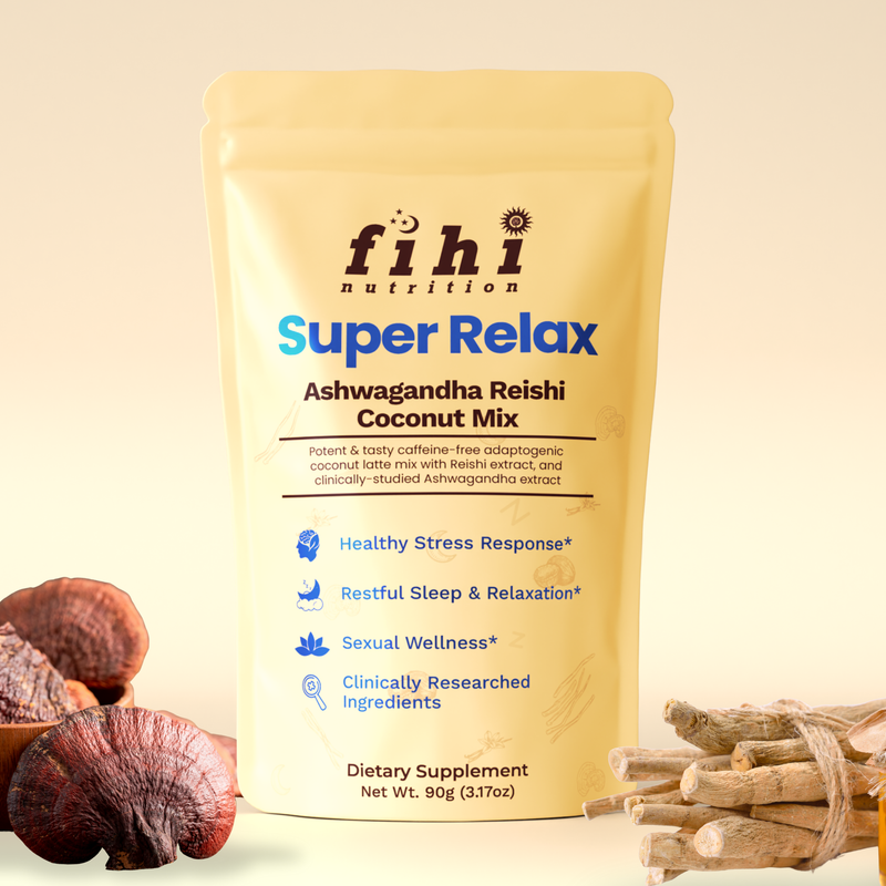 Fihi Nutrition Super Relax supplement package with ashwagandha and reishi mushrooms on a beige background