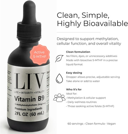Vitamin B9 Folic Acid Liquid (5-MTHF 5,000mcg, 60 servings)