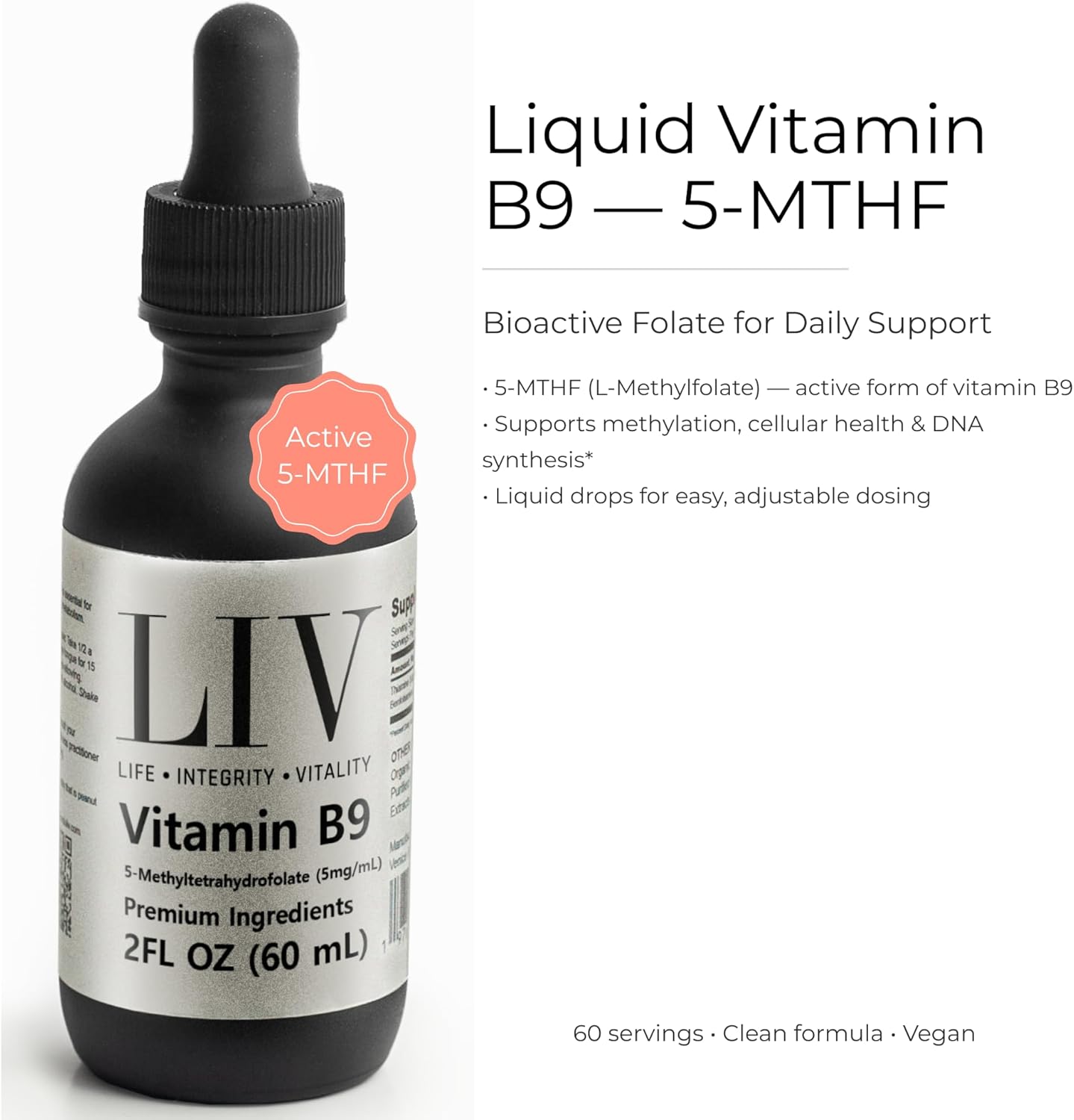 Vitamin B9 Folic Acid Liquid (5-MTHF 5,000mcg, 60 servings)