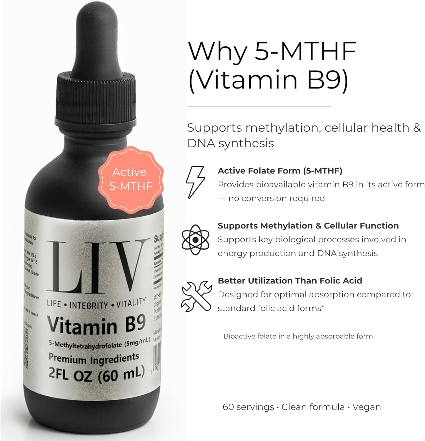 Vitamin B9 Folic Acid Liquid (5-MTHF 5,000mcg, 60 servings)