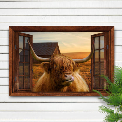 Tailored Canvases Canvas 18x12 inch Medium Premium Gallery Wrapped Highland Cow Window View Canvas Wall Art
