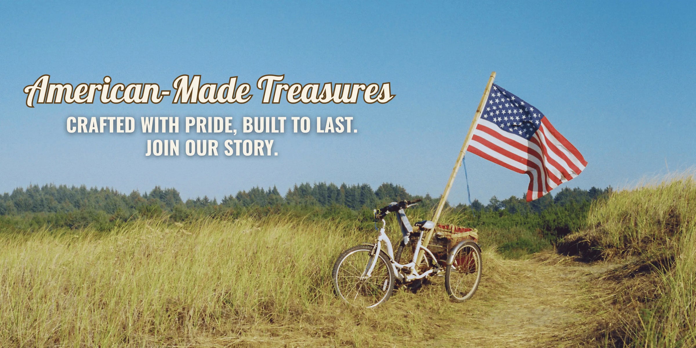 Bicycle with a flag in a field with text about American-made products.