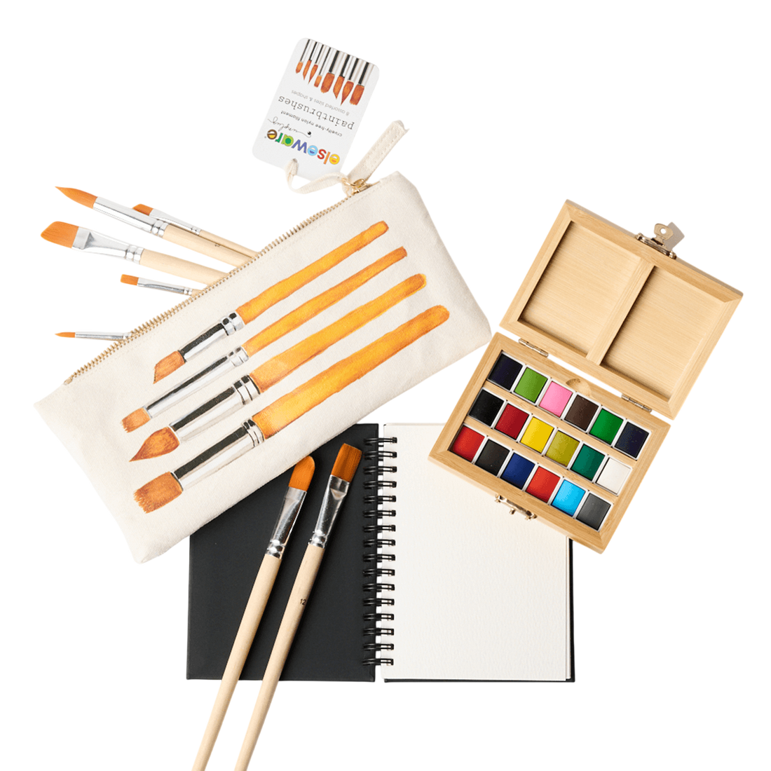 Watercolor Travel Set | Bamboo Case, Brushes, &amp; Paper Pad