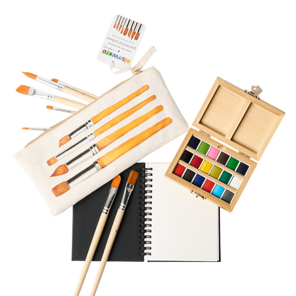Watercolor Travel Set | Bamboo Case, Brushes, &amp; Paper Pad
