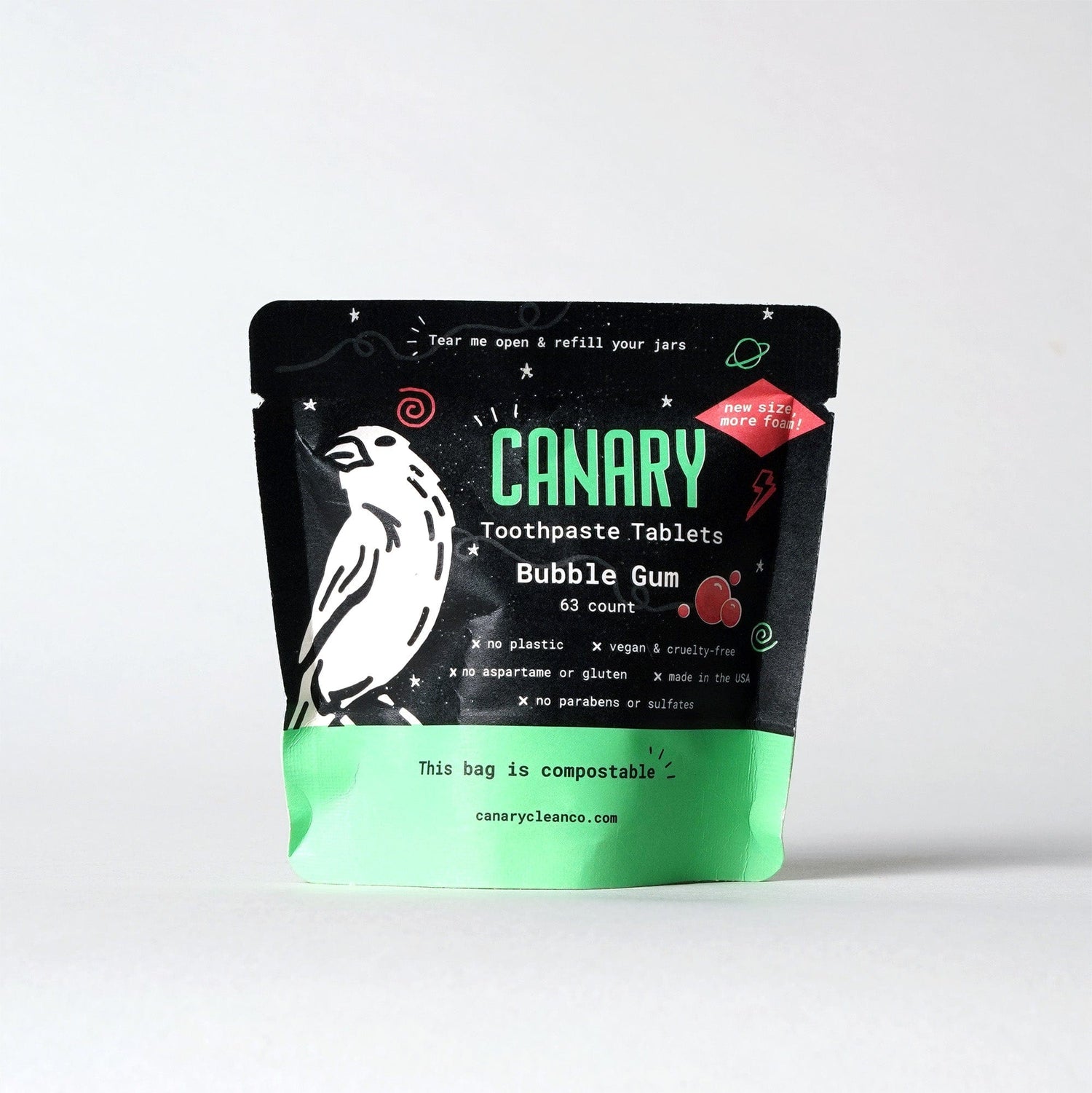 Canary Toothpaste Tablets 1 month sample pouch - 63 tablets Bubble Gum Toothpaste Tablets