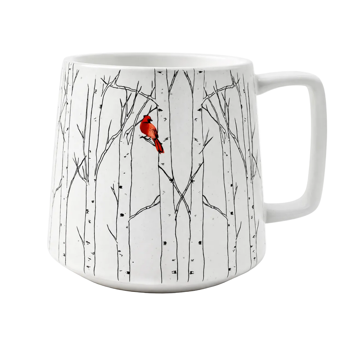 White mug with a red cardinal bird design on a white background