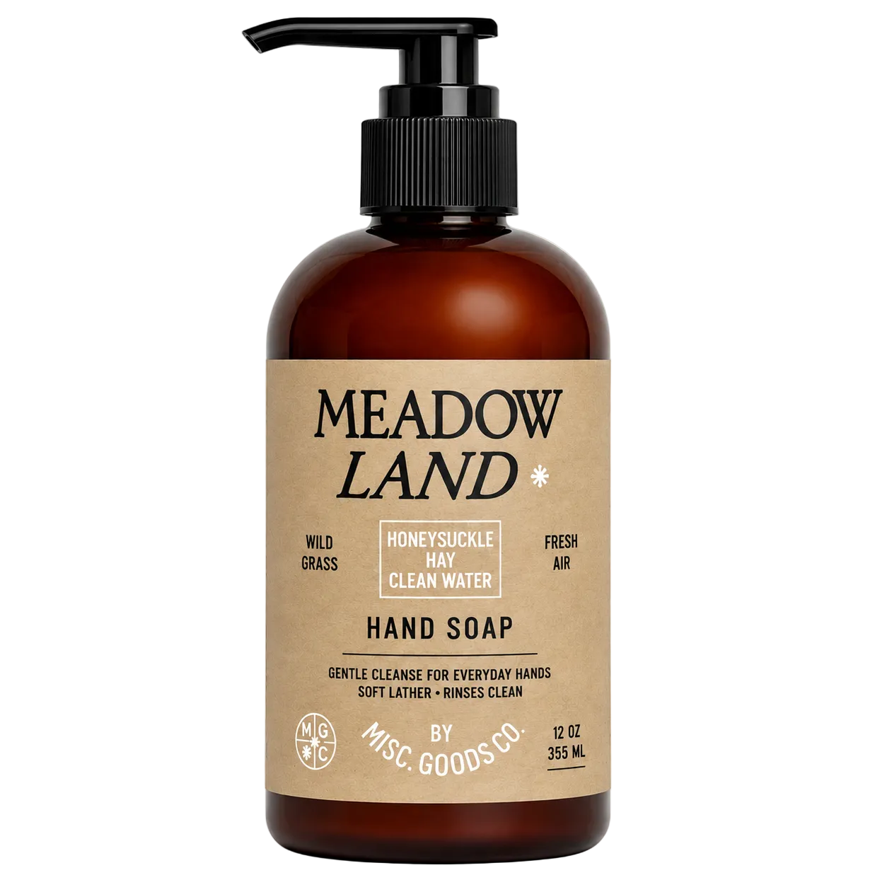 Meadow Land hand soap bottle with pump on a white background