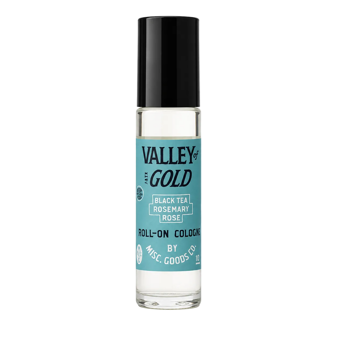 Roll-on cologne bottle with black cap and blue label on a white background