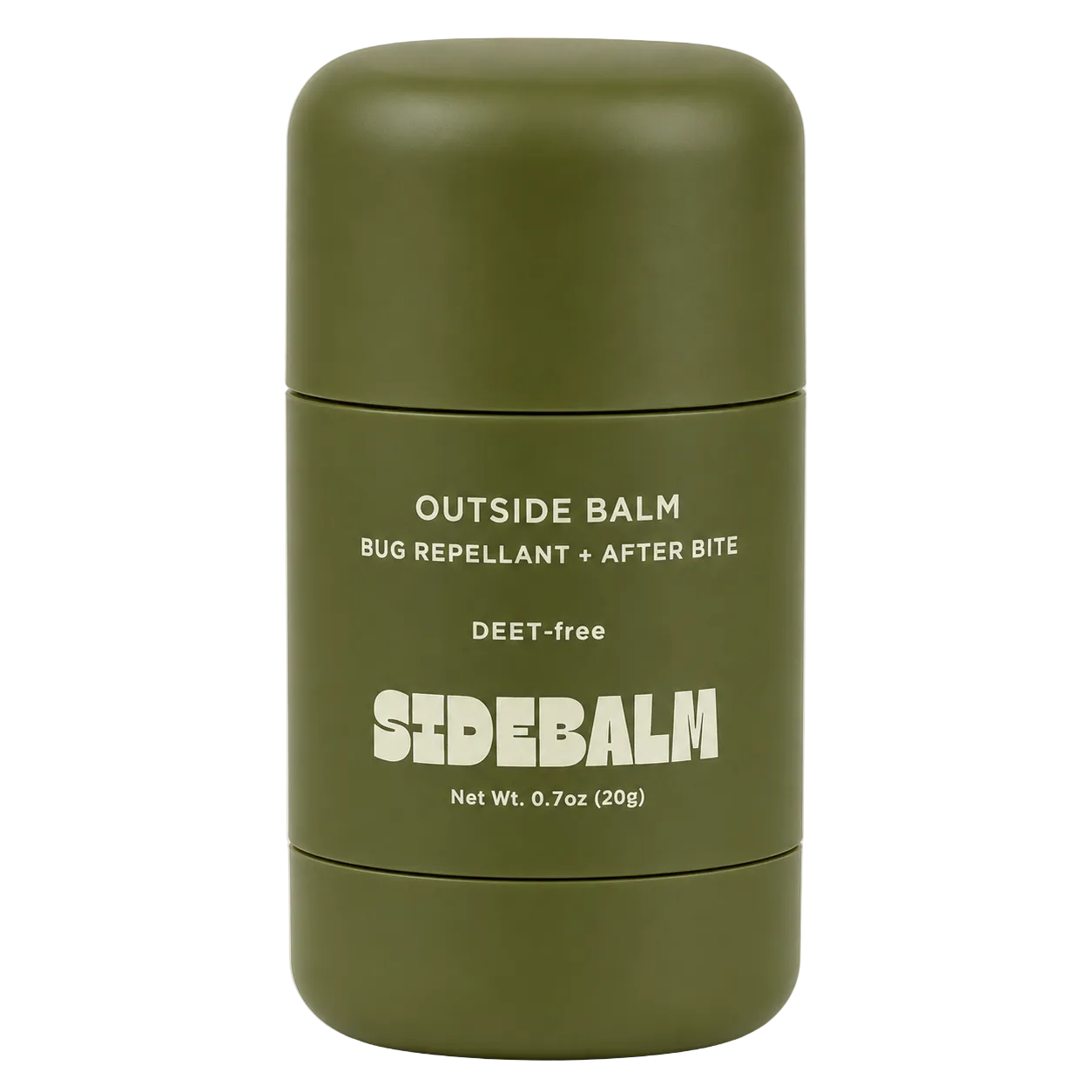 Green container of SideBalm bug repellent and after-bite balm on a white background