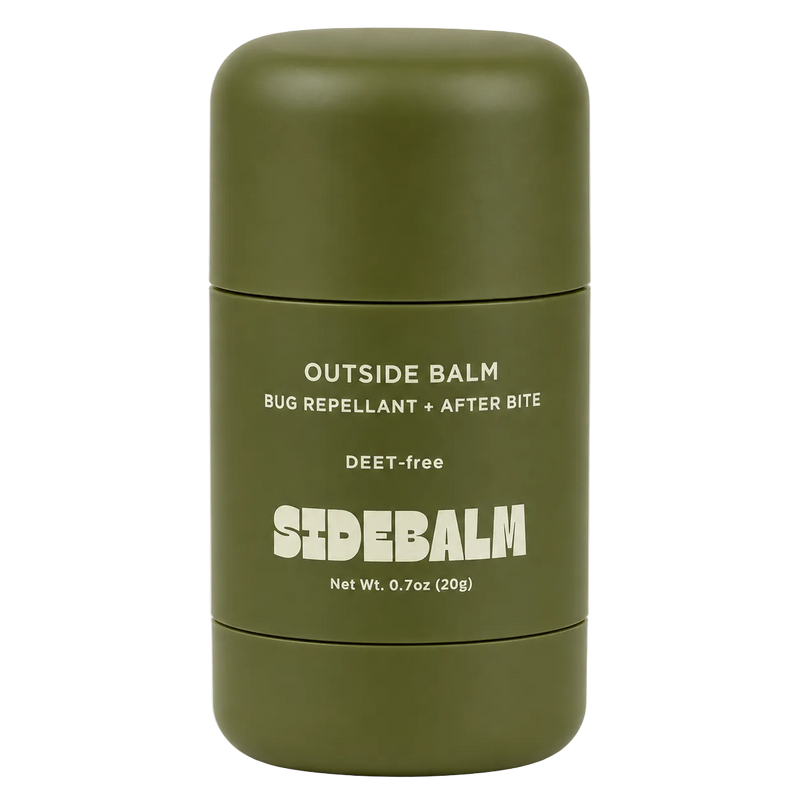 Green container of SideBalm bug repellent and after-bite balm on a white background