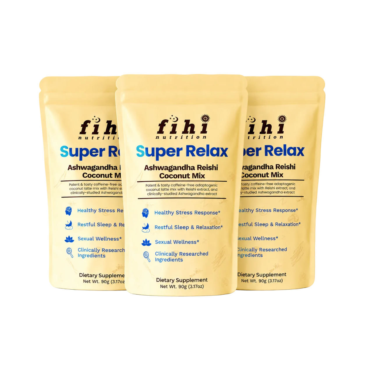 Three packages of fihi nutrition Super Relax Ashwagandha Reishi Coconut Mix on a white background