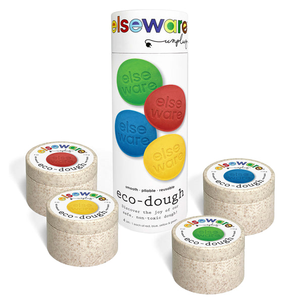 Set of eco-dough containers with colorful labels and a tube labeled 'elseware' on a white background.