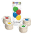 Set of eco-dough containers with colorful labels and a tube labeled &