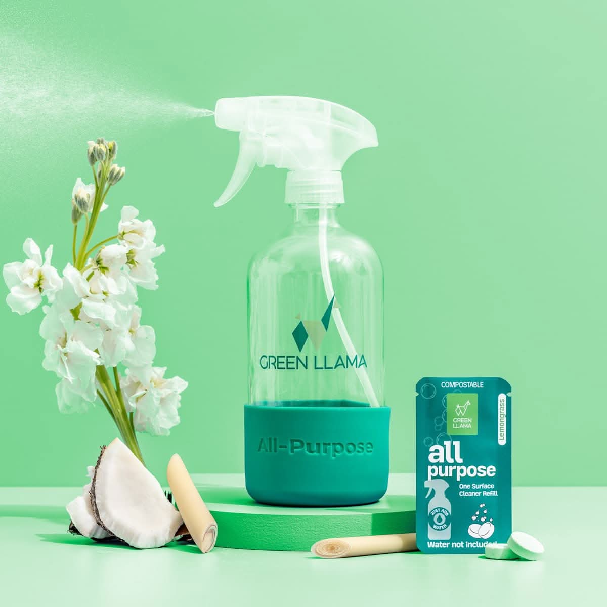 Green Llama Single Kit All-Purpose Cleaner All-Purpose Spray Glass Bottle Cleaning Kit with Lemongrass Essential Oil