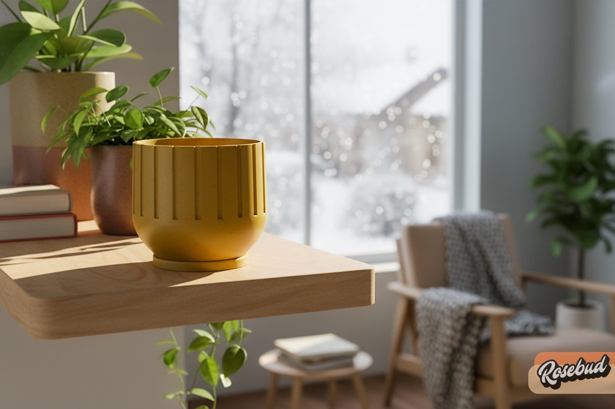 Rosebud HomeGoods Modern Indoor Planter with Drainage – 3D Printed Fluted Plant Pot, Vertical Ribbed Design, Minimalist Decor Accent, Mid-Bubble