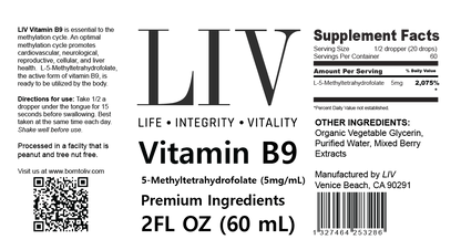 LIV Vitamin B9 Folic Acid Liquid (5-MTHF 5,000mcg, 60 servings)