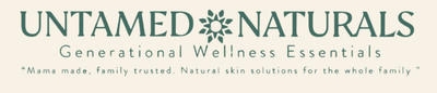 Logo of Untamed Naturals with text about generational wellness essentials and natural skin solutions.