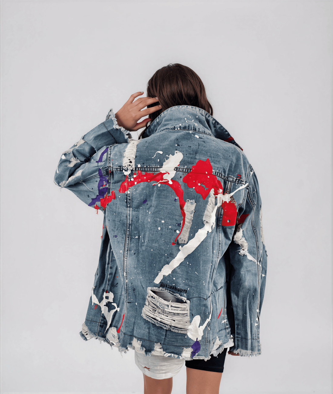 Wren + Glory JACKETS Women’s Oversized Denim Jacket – Hand-Painted Splatter Design – Wren + Glory – Made in USA