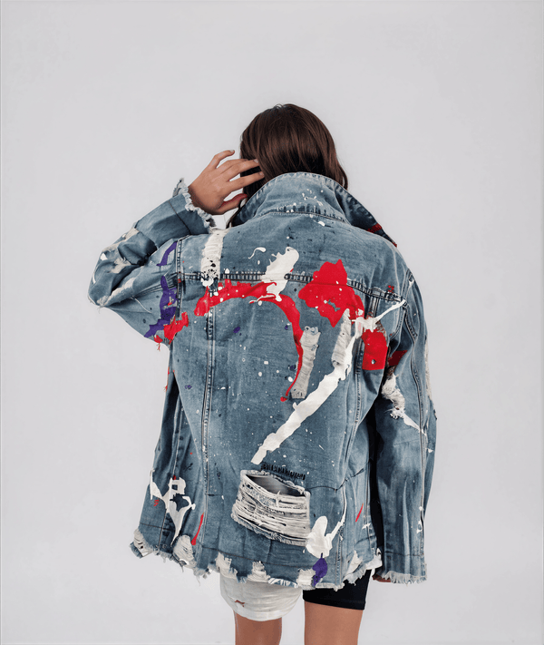 Wren + Glory JACKETS Women’s Oversized Denim Jacket – Hand-Painted Splatter Design – Wren + Glory – Made in USA