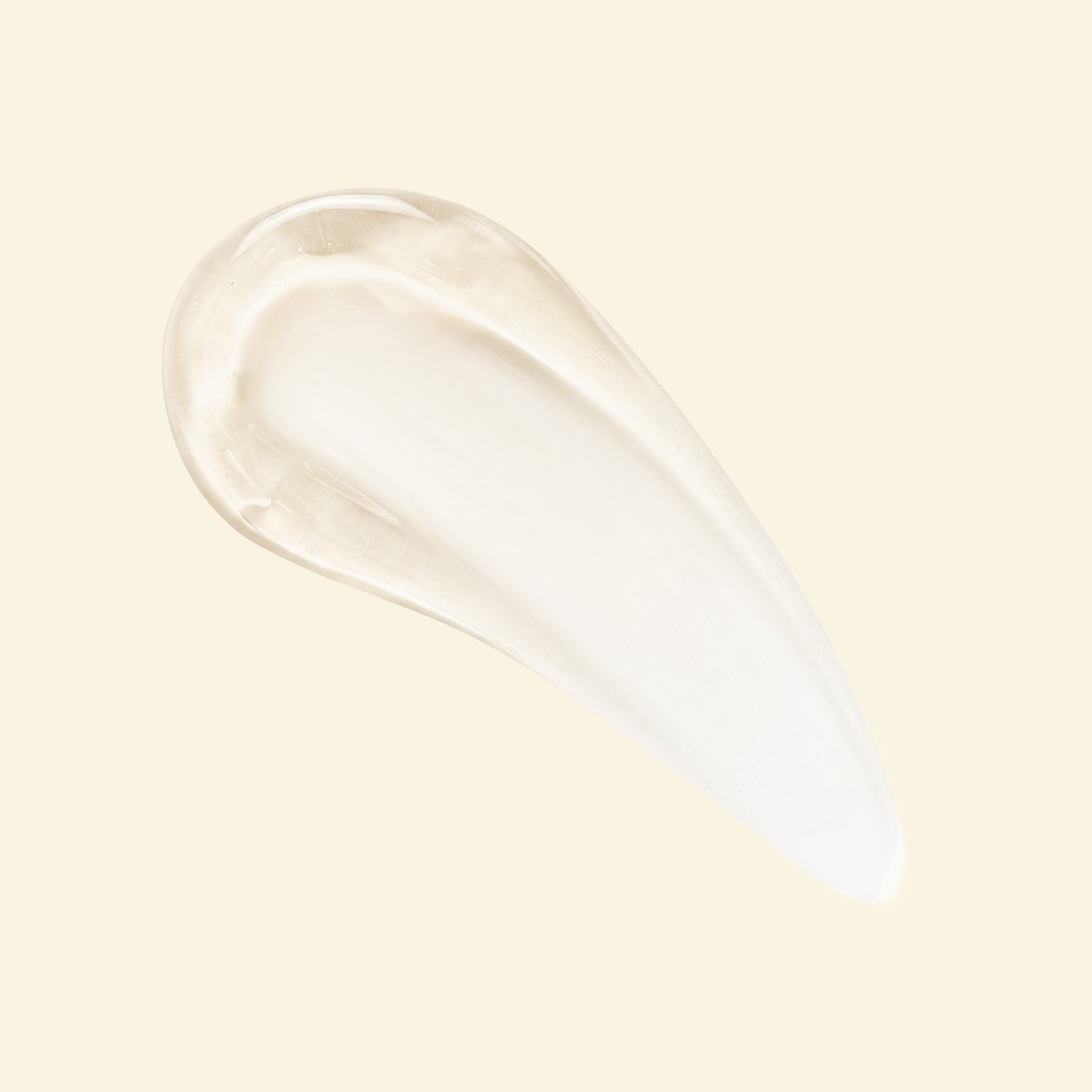 A glossy, translucent smear of a clear cosmetic gel or serum on a solid pale cream background.