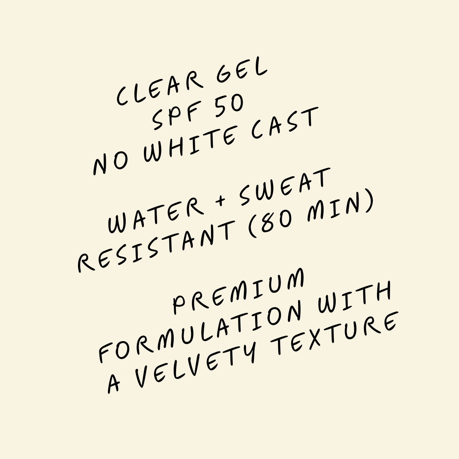 Text listing product features on a cream background: &