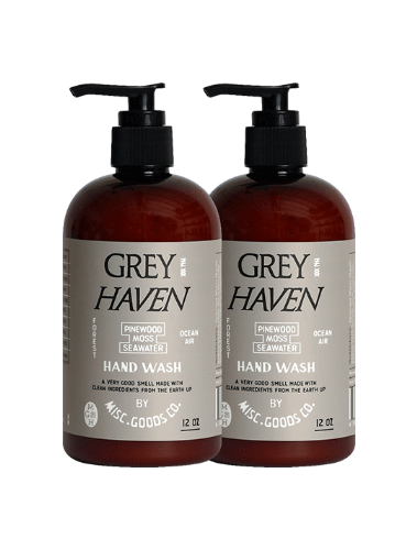 Two bottles of Grey Haven hand wash on a white background