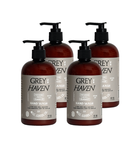 Four bottles of Grey Haven hand wash on a white background