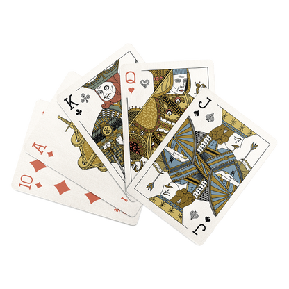Set of playing cards with detailed artwork on a white background