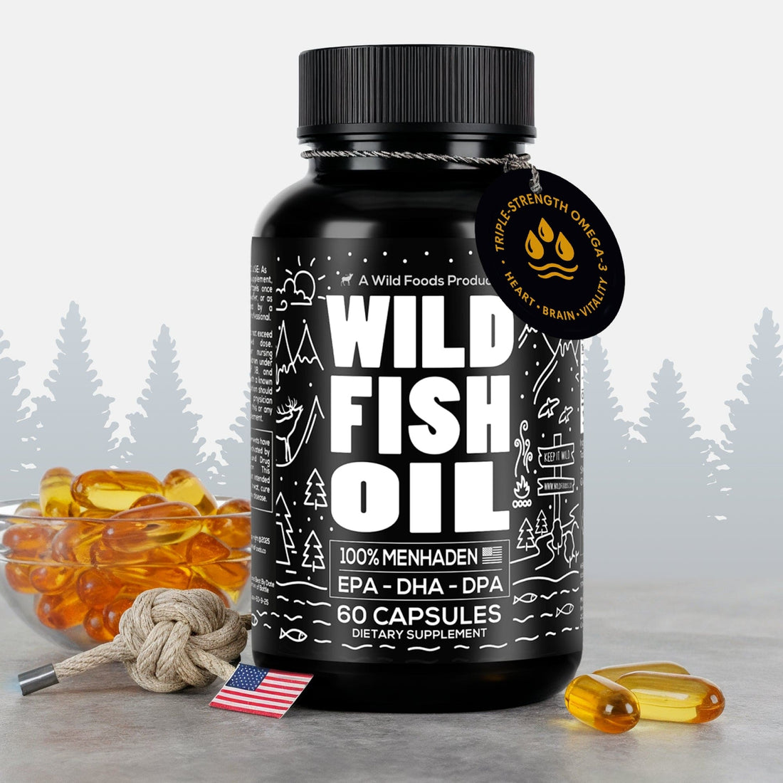 Wild Foods Oils 1x - 60 Caps Menhadden Fish Oil Capsules, 60 servings – Omega-3 for Heart Health &amp; Cognitive Function